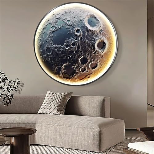 Moo Wandkunst Runde Dekorative Malerei Mit Led-licht Für Wohnzimmer, Gerahmte Giclée Mond Druck Gemälde Dekor Planet Wandbilder Hängendes Poster Büro Schlafzimmer, 100CM von Generic