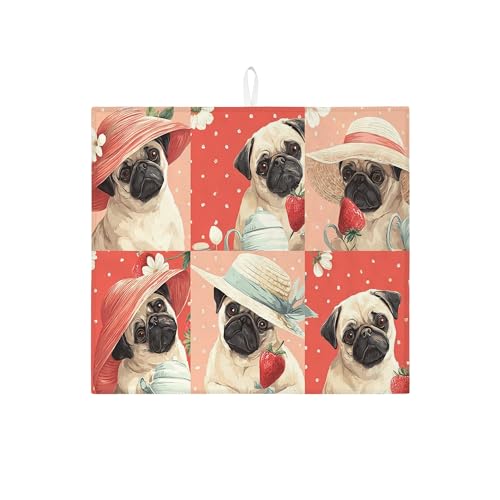 Mops-Abtropfmatte für Küchentheke, niedliches Vintage-Mops-Design, saugfähiges Abtropfgestell, Sommer-Mikrofaser-Trockenunterlage für Küchentheke, Kaffee, Bar, Schutz, 40,6 x 45,7 cm von Generic