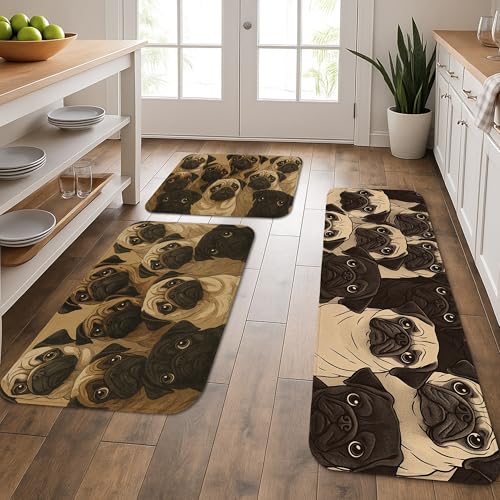 Mops-Küchenmatten für den Boden, niedlicher Hundedruck, gemütlicher Teppich, gepolstert, bequem, waschbar, rutschfest, Dekor-Matten für Küche, Waschbecken, Waschküche, Badezimmer, 3 Stück Mops-Küchenmatten für den Boden, niedlicher Hundedruck, gemütlicher Teppich, gepolstert, bequem, waschbar, rutschfest, Dekor-Matten für Küche, Waschbecken, Waschküche, Badezimmer, 3 Stück von Generic