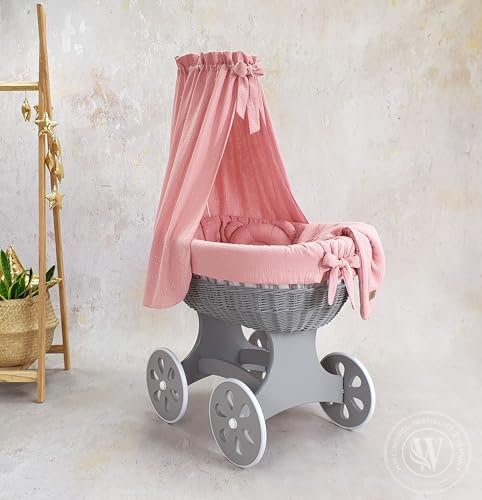 Moseskorb grau mit Gestell und Matratze mit Baldachin und Bettwäsche (Rosa) von Generic