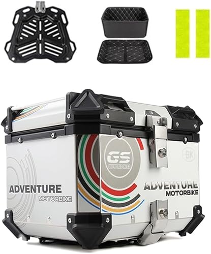 Motorrad Topcase Aluminium Motorrad Kofferraum Tour Heck Box Gepäck Helm Aufbewahrung Gepäckträger Koffer Mit Sicherheitsschloss 36l 45l 55l 65l, Silver, 36L von Generic