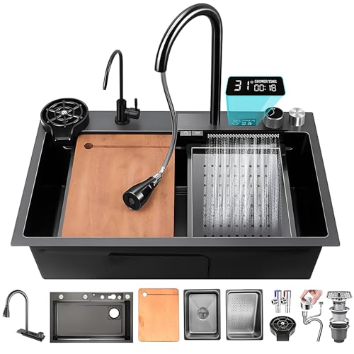 Multifunctional Stainless Steel Kitchen Sink 85 x 45 cm - Single Bowl with Waterfall Nano Coating 3-in-1 Pull-out Tap Deep Bowl Includes Chopping Board & Cup Sink von Generic