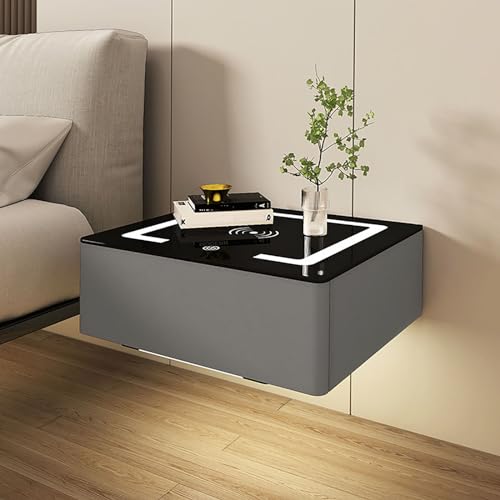 Multifunktionaler intelligenter Nachttisch aus Massivholz zum Aufhängen, Nachttisch mit intelligentem Sensorlicht in drei Farben, Einzelschubladen-Design, geeignet für Schlafzimmer von Generic