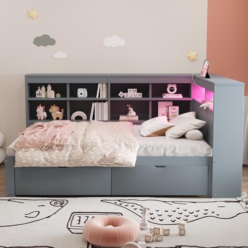 Multifunktionales Massivholzbett mit Schubladen und Regalen inklusive LED Beleuchtung USB Anschluss Stauraum am Kopfteil ideal für Schlafzimmer Multifunktionales Massivholzbett mit Schubladen und Regalen inklusive LED Beleuchtung USB Anschluss Stauraum am Kopfteil ideal für Schlafzimmer von Generic