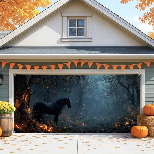 Mystical Black Horse Garagentorabdeckung, Herbstwald, große Garagentor-Dekorationen, Halloween, Innen- und Außenbereich, Party-Hintergrunddekoration, 395 x 180 cm von Generic