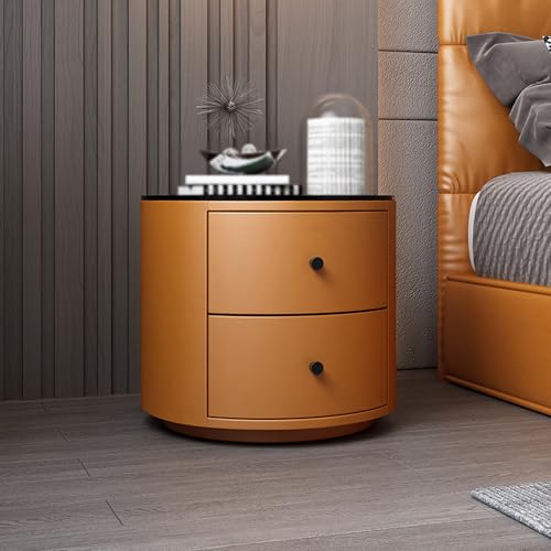 Nachttisch, rund, mit 2 Schubladen, Lederoberfläche, Platte aus gehärtetem Glas, modernes Design für die Aufbewahrung im Schlafzimmer von Generic