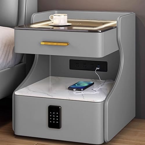 Nachttisch Mit Ladefunktion Bedside Table Mit Passwortsperre Und Kabellosem Laden Einstellbares 3-Farben-Licht Aus Massivholz Absturzsicherung 110–240 V(Gray,40x40x51cm) von Generic