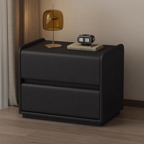 Nachttisch mit 2 Schubladen Moderne geriffelte Griffe Massivholz Nachttisch Beistelltisch Leder/leicht zu reinigen Keine Montage erforderlich for Schlafzimmer Wohnzimmer Büro(Black,60cm/23.6in) von Generic