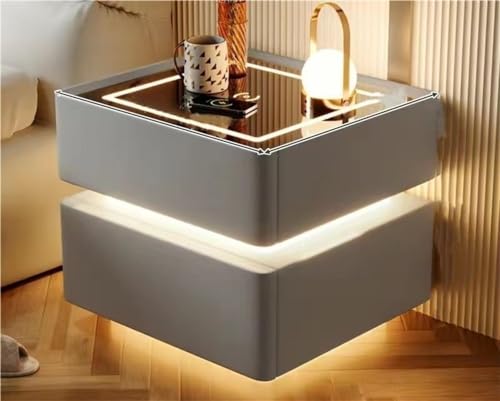 Nachttische, moderner schwimmender Nachttisch aus Massivholz mit LED-Licht Smart Wireless Nachttisch mit 2 Schubladen Aufbewahrungsschrank aus gehärtetem Glas für das Schlafzimmer im Wohnzim von Generic