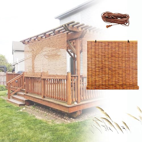 Natürlichen Schilf Vorhang 90% UV-Block Bambus Rollo Jalousine Wetterfest Bambus Raffrollo Sichtschutz Bambusrollo Mit Lifter Und Hakenaufhängung Für Fenster Und Türen(110x215CM(WxH)) von Generic