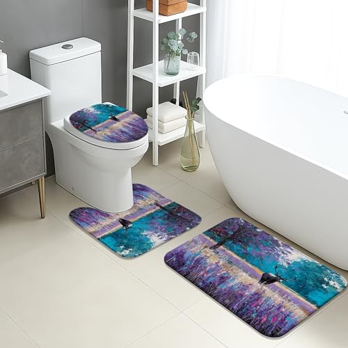Natur-Badematten-Set, 3-teilig, buntes Vogel-Blumenmuster, saugfähig, rutschfest, U-förmig, waschbar, schnell trocknend, Flanell-Badezimmerteppich-Set von Generic