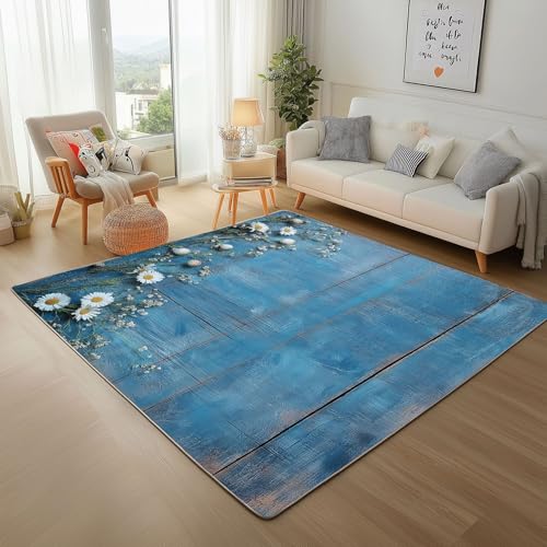 Natur Gänseblümchen Blau Waschbarer Teppich Wohnzimmer 180x240cm LuxuriöSe Planke Textur Rugs for Living Room Weich rutschfest Tepich Kurzflor Schlafzimmer Esszimmer Teppiche Büro von Generic