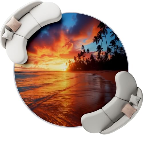 Natur Landschaft Meer Palmen Waschbarer Teppich Rund 160 cm Orange Blau Runder Rutschfester Kurzflor Teppiche, Wohnzimmer Schlafzimmer Esszimmer Büro von Generic