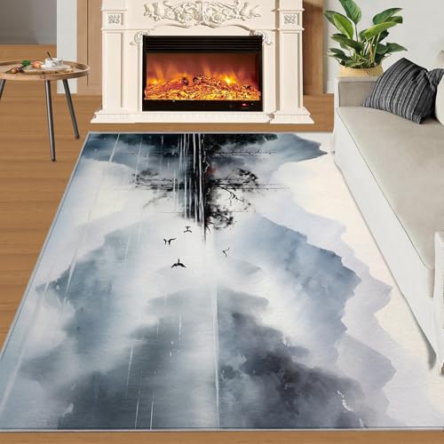 Naturlandschaft Teppich Grauweißer Bergsee Schlafzimmerteppiche Chinesischer Stil Tuschemalerei 80x150 Rug Wunderschöne Landschaft Vorleger Rutschfester Teppich Für Stark Frequentierte Bereiche von BEQUTIY