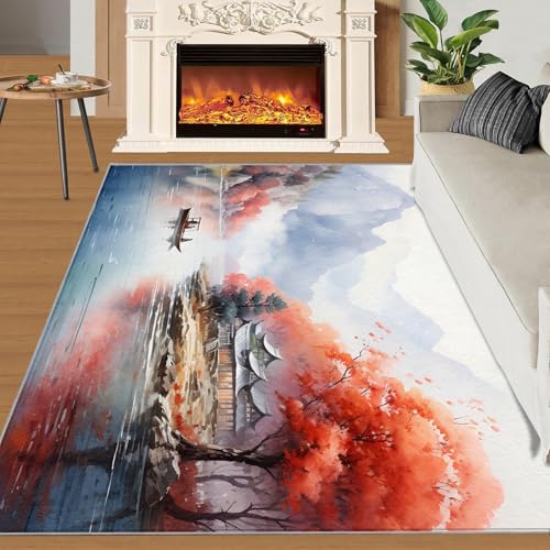 Naturlandschaft Teppich Nebelige Berge Kleine Teppiche Seen Waldhütte 60x90 Rug Wunderschöne Landschaft Vorleger Rutschfester Teppich Für Stark Frequentierte Bereiche von BEQUTIY