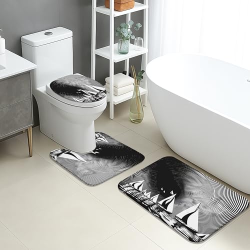 Nautisches Badezimmermatten-Set, 3-teilig, schwarz-weiß, Segelboote, saugfähig, rutschfest, WC-Vorleger, U-förmig, waschbar, Küstenwellen, schnell trocknend, Memory-Schaum, Badezimmerteppich-Set Nautisches Badezimmermatten-Set, 3-teilig, schwarz-weiß, Segelboote, saugfähig, rutschfest, WC-Vorleger, U-förmig, waschbar, Küstenwellen, schnell trocknend, Memory-Schaum, Badezimmerteppich-Set von Generic
