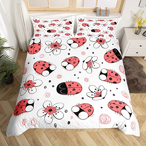 Nette Marienkäfer Bettwäsche Set S Größe, Cartoon Red Kawaii Wild Tier Bettbezug für Kinder Jungen Schlafzimmer Dekor, weiße Blumen Floral Polyester Quilt Cover mit 1 Kissenbezügen, 2-Stücke von Generic