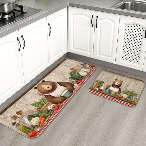 Niedliche Bären-Küchenmatten für Boden, Vintage-Bauernhaus, weiche Matten, gepolstert, rutschfest, Dekor-Teppiche für Küchenspüle, Waschküche, 2 Stück von Generic