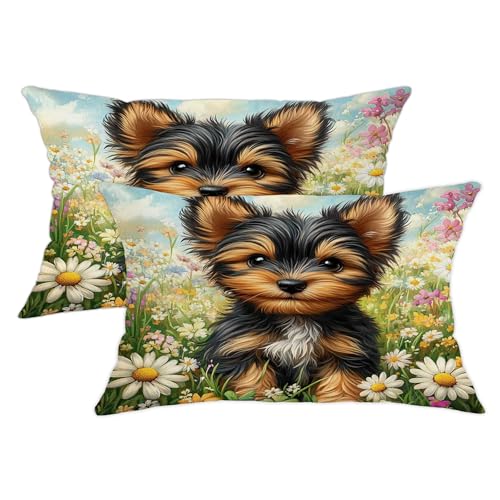 Niedlicher Yorkshire Terrier Wurfkissenbezug, bezaubernder Welpe, Blumendruck, Frühlingsdeko, Sofa- und Couchakzente, Kissen für Zuhause, 50,8 x 30,5 cm, 2 Stück von Generic