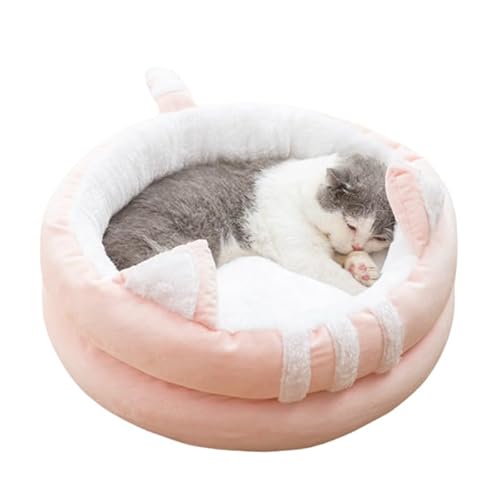 Niedliches 2-in-1-Katzenbett mit Plüschkapuze und Rutschfester Unterseite, EIN bequemes Bett für Hauskatzen oder kleine Hunde(Pink-1,M 40CM) von Generic