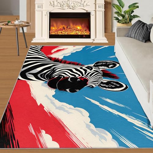 Niedliches Zebra Teppich Rot-Blaue Abstrakte Graffiti Kleine Teppiche Wildtier 60x90 Rug Zebra Vorleger Rutschfester Teppich Für Stark Frequentierte Bereiche von BEQUTIY