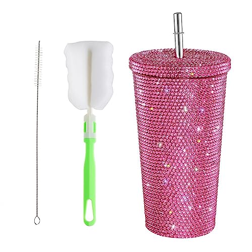 Nietenbesetzter Bling Tumbler mit Deckel und Strohhalm, Bling Glitter Wasserflasche Bling Cup, Strass Tumbler Cups mit Tassenbürste und Strohbürsten, Kaffeebecher Geschenk für Frauen Mädchen von Generic