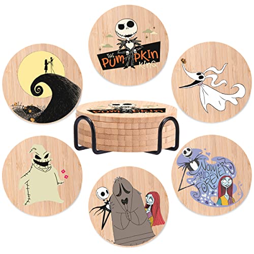 Nightmare Before Christmas Untersetzer aus Bambusholz, 6 Stück, Untersetzer für Getränke mit Halter, Einweihungsgeschenk, Küchendekoration von Generic