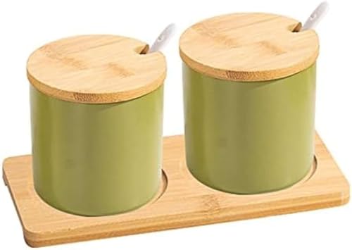 Nordic Condiment Jar Gewürzbehälter Mit Löffel Und Holzdeckel, Einfaches Gewürzglas-Set Für Die Basis, Porzellangewürz-Organizer, Küche & Esszimmer Gewürztöpfe, Green, Round von Generic