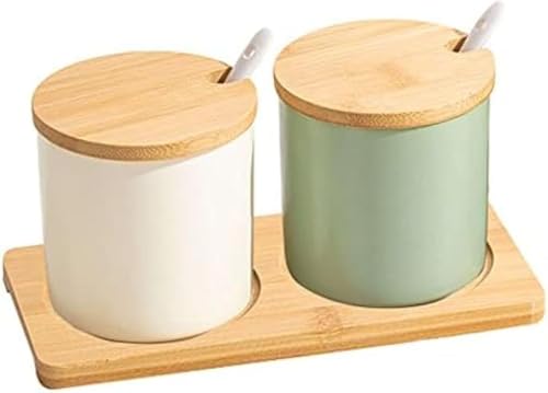 Nordic Condiment Jar Gewürzbehälter Mit Löffel Und Holzdeckel, Einfaches Gewürzglas-Set Für Die Basis, Porzellangewürz-Organizer, Küche & Esszimmer Gewürztöpfe, White+Avocado Green, Round von Generic