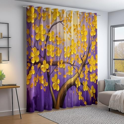 Ölgemälde Elegant Blumen Textur Bedruckte Verdunkelungsvorhänge mit Ösen, Lila Gelb Vorhänge Blickdicht 2er Set H260×B140 cm, Perfekt für Wohnzimmer, Schlafzimmer und Raumdekoration von Generic