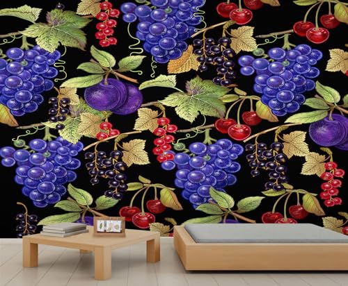 Obst Wandbild Trauben Wandtapete Kirschpflaumen Tapete Schwarze Tapete für Schlafzimmer Wohnzimmer Poster 100 X 70 cm von Generic