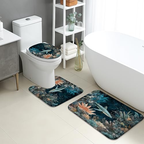 Ocean Badezimmermatten-Set, 3-teilig, künstlerisches Unterwasserhai, Ozeanwesen, saugfähig, rutschfest, WC-Vorleger, U-förmig, waschbar, Sommerküste, schnell trocknend, Memory-Schaum Ocean Badezimmermatten-Set, 3-teilig, künstlerisches Unterwasserhai, Ozeanwesen, saugfähig, rutschfest, WC-Vorleger, U-förmig, waschbar, Sommerküste, schnell trocknend, Memory-Schaum von Generic