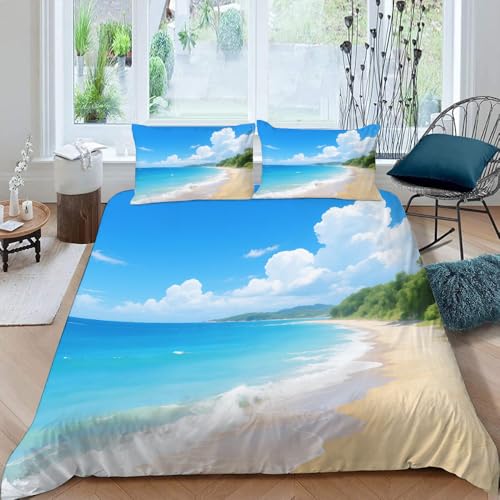 Ocean Beach 3D Effekt Bettbezug 160x200 cm Himmel weiße Wolken 3Er Set Bettbezige für Kinderbetten Bettbezuge Set Weich Mikrofaser Bettwäsche mit Reißverschluss und 2 Kissenbezug (Dx10762) von Generic