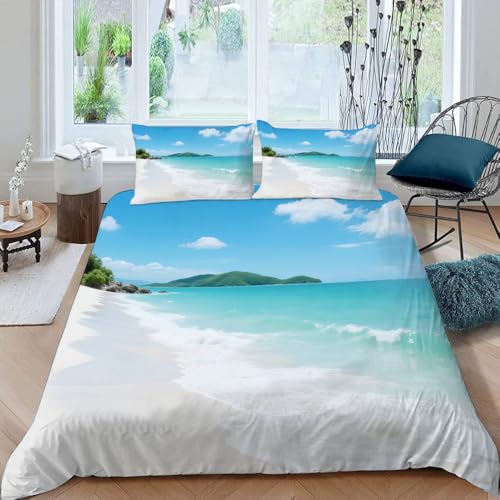 Ocean Beach Bettwäsche 220x240 cm Naturlandschaft 3D Muster Bettwäsche Weich Komfort Mikrofaser Bettbezug Set 3 teilig für Mädchen Jungen mit Reißverschluss und 2 Kissenbezüge 50x75 cm (Dx10696) von Generic