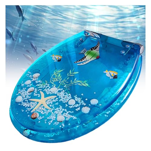 Ocean Serie Toilettendeckel aus Harzmaterial WC Sitz mit Absenkautomatik und Quick-Release-Funktion, Verstellbare Edelstahlscharniere, Design Aus Natürlichen Muscheln und Sand von Generic