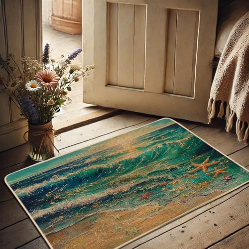 Ocean Wave Fußmatte, türkisfarbener Seestern, Fußmatte für Sommer, Stranddekoration, rutschfest, wasserdicht, staubabsorbierend, leicht zu reinigen, Eingang für drinnen und draußen, 73 x 43 cm von Generic