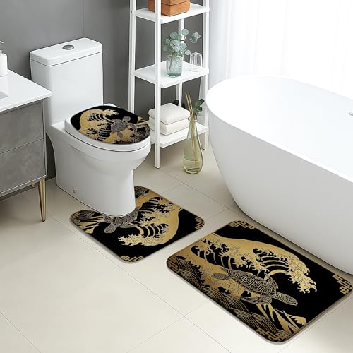 Ocean Waves Badezimmermatten-Set, 3-teilig, goldene Schildkröte, Wasser-Design, saugfähig, rutschfest, WC-Vorleger, U-förmig, waschbar, Sommer, Strand, schnell trocknend, Memory-Schaum Ocean Waves Badezimmermatten-Set, 3-teilig, goldene Schildkröte, Wasser-Design, saugfähig, rutschfest, WC-Vorleger, U-förmig, waschbar, Sommer, Strand, schnell trocknend, Memory-Schaum von Generic