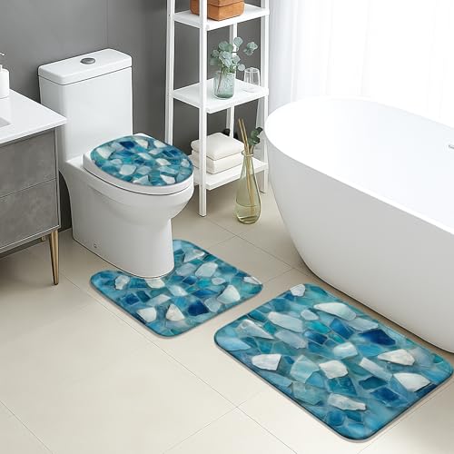 Ocean Waves Badezimmermatten-Set, 3-teilig, kühles blaues Mosaik, saugfähig, rutschfest, WC-Vorleger, U-förmig, waschbar, Sommer, Strand, schnell trocknend, Memory-Schaum, Badezimmerteppich-Set Ocean Waves Badezimmermatten-Set, 3-teilig, kühles blaues Mosaik, saugfähig, rutschfest, WC-Vorleger, U-förmig, waschbar, Sommer, Strand, schnell trocknend, Memory-Schaum, Badezimmerteppich-Set von Generic