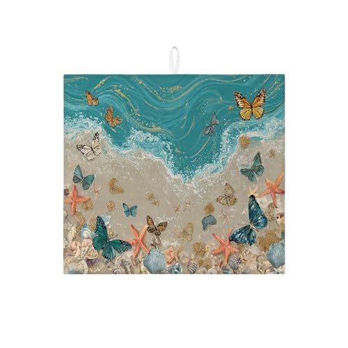 Ocean inspirierte Abtropfmatten für Küchentheke, Küstenschmetterling-Design, saugfähiges Abtropfgestell, Sommer-Mikrofaser-Trockenunterlage für Küchentheke, Dekoration, 40,6 x 45,7 cm von Generic