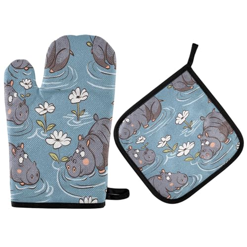 Generic Ofenhandschuhe Nilpferd Mit Blume Kochhandschuhe Anti-Rutsch Topflappen Set Hitzebeständige Topfhandschuhe Für Barbecue Backen Grillen von Generic
