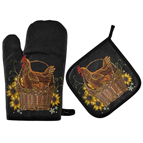 Ofenhandschuhe Sonnenblumen Hahn Kochhandschuhe Anti-Rutsch Grillhandschuhe Hitzeresistente Topfhandschuhe Für Backen Kochen Grillen von Generic