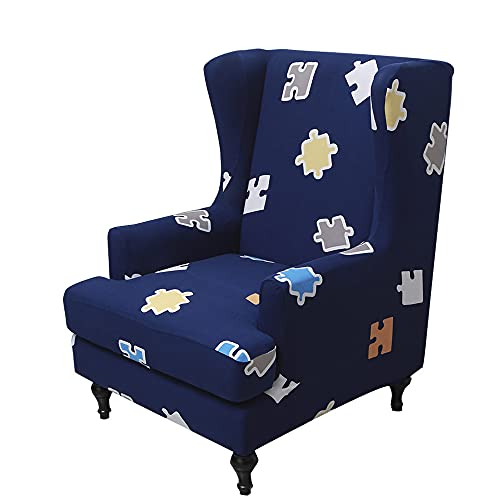Ohrensessel Bezüge 2 Teilig Stretch Ohrensessel Schonbezug Waschbarer Spandex Sofabezug Stühle Möbelschutz für Wohnzimmer und Schlafzimmer (blaues Puzzle) von Generic