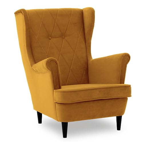 Ohrensessel CREM, Sessel Wohnzimmer, samt, Ohrensessel bunt. Loungesessel Fernsehsessel Relaxsessel Wohnzimmersessel Couchsessel Armsessel Polstersessel Lounge (Kronos 01, Füße Farbe Schwarz) von Generic