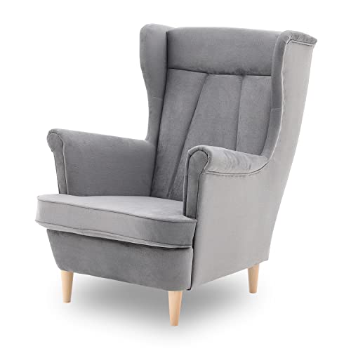 Ohrensessel Valia, Sessel Wohnzimmer, samt, Ohrensessel bunt. Loungesessel Fernsehsessel Relaxsessel Wohnzimmersessel Couchsessel Armsessel Polstersessel Lounge (Füße Farbe Buche, Monolith 85) von Generic