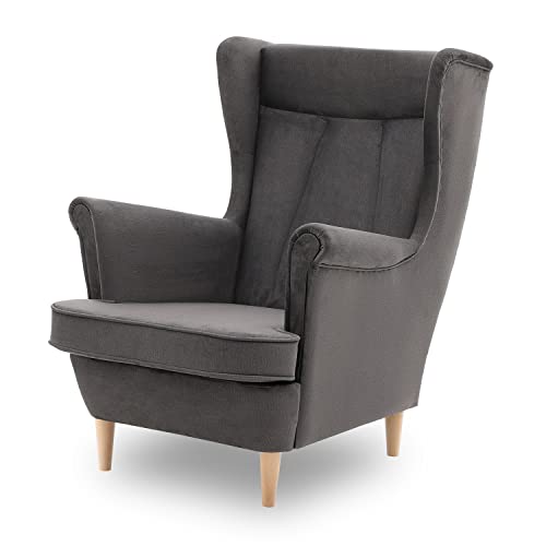 Ohrensessel Valia, Sessel Wohnzimmer, samt, Ohrensessel bunt. Loungesessel Fernsehsessel Relaxsessel Wohnzimmersessel Couchsessel Armsessel Polstersessel Lounge (Füße Farbe Buche, Monolith 92) von Generic