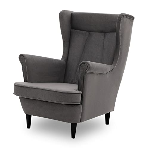 Ohrensessel Valia, Sessel Wohnzimmer, samt, Ohrensessel bunt. Loungesessel Fernsehsessel Relaxsessel Wohnzimmersessel Couchsessel Armsessel Polstersessel Lounge (Füße Farbe schwarz, Monolith 92) von Generic