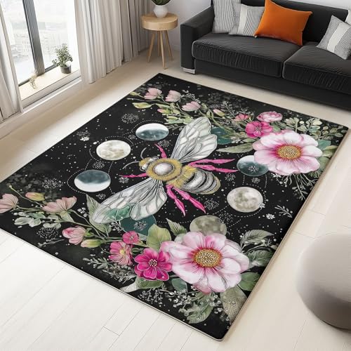 Orange Farbe Waschbarer Teppich Wohnzimmer, 160 x 230 cm Aquarell Blumen Insekten Bienen Drucken Rugs for Living Room, Weich rutschfest Kurzflor Schlafzimmer Carpet für Bedroom Esszimmer Büro von Generic