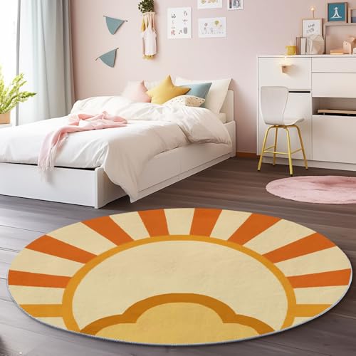 Orange Gelb Runder Teppich 160 cm, Weich Kurzflor Rutschfester Schlicht Sonne Goldene Linien Bedruckter Waschbar Runder Teppich - für Schlafzimmer Flur Wohnzimmer Couchtisch von Generic
