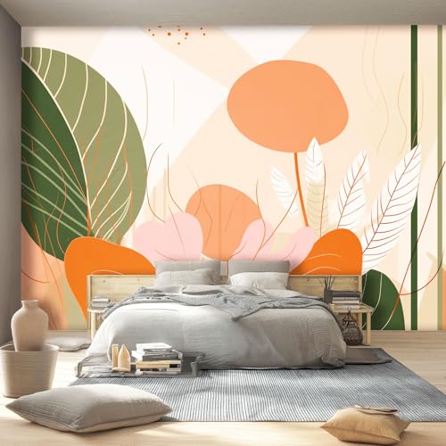 Orange Grün Fototapete 350 x 256 cm Bohemian Blätter Tropisch Pflanzen Thema Wandbild Wohnzimmer Schlafzimmer Wandtapete, Vlies Tapete UV-Beständig Geruchsfrei Montagefertig von Generic