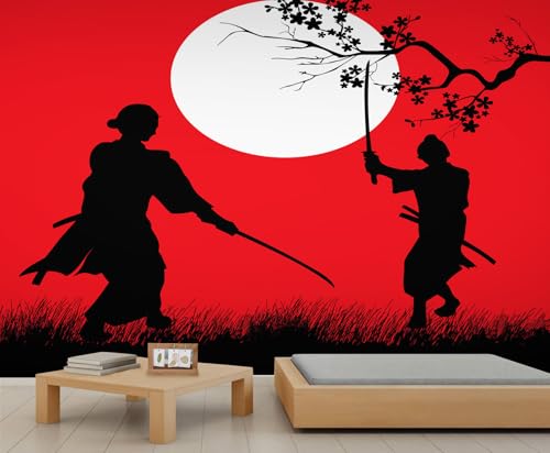 Orientalische Krieger Tapete Roter Hintergrund Weißer Sonne Individuelle Tapete Kirschblüten Wandbilder Natur Schlafzimmer Tapete Wandbild für Wohnzimmer Schlafzimmer Kinderzimmer Poster von Generic